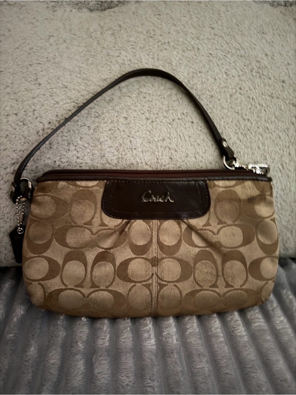 Coach Khaki & Brown Signature Canvas Wristlet